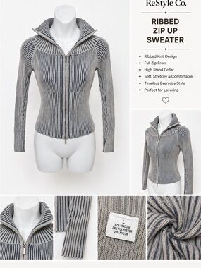 Ribbed Zip-Up Cardigan Sweater — Gray